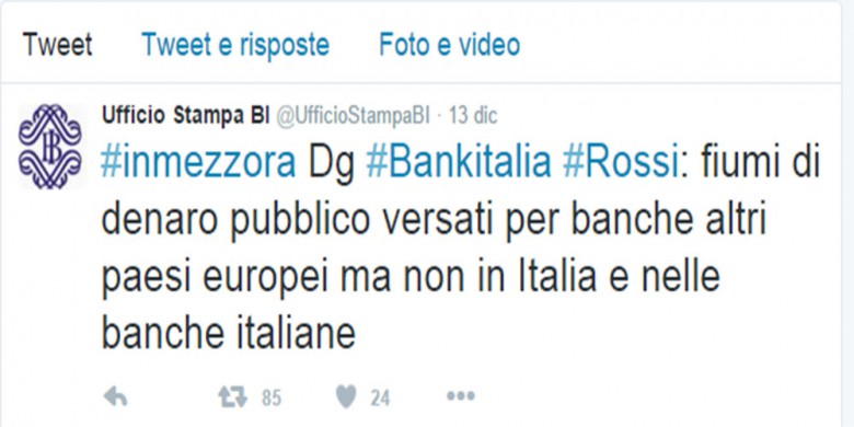 Ufficio Stampa Banca d'Italia, tweet su dichiarazioni Salvatore Rossi